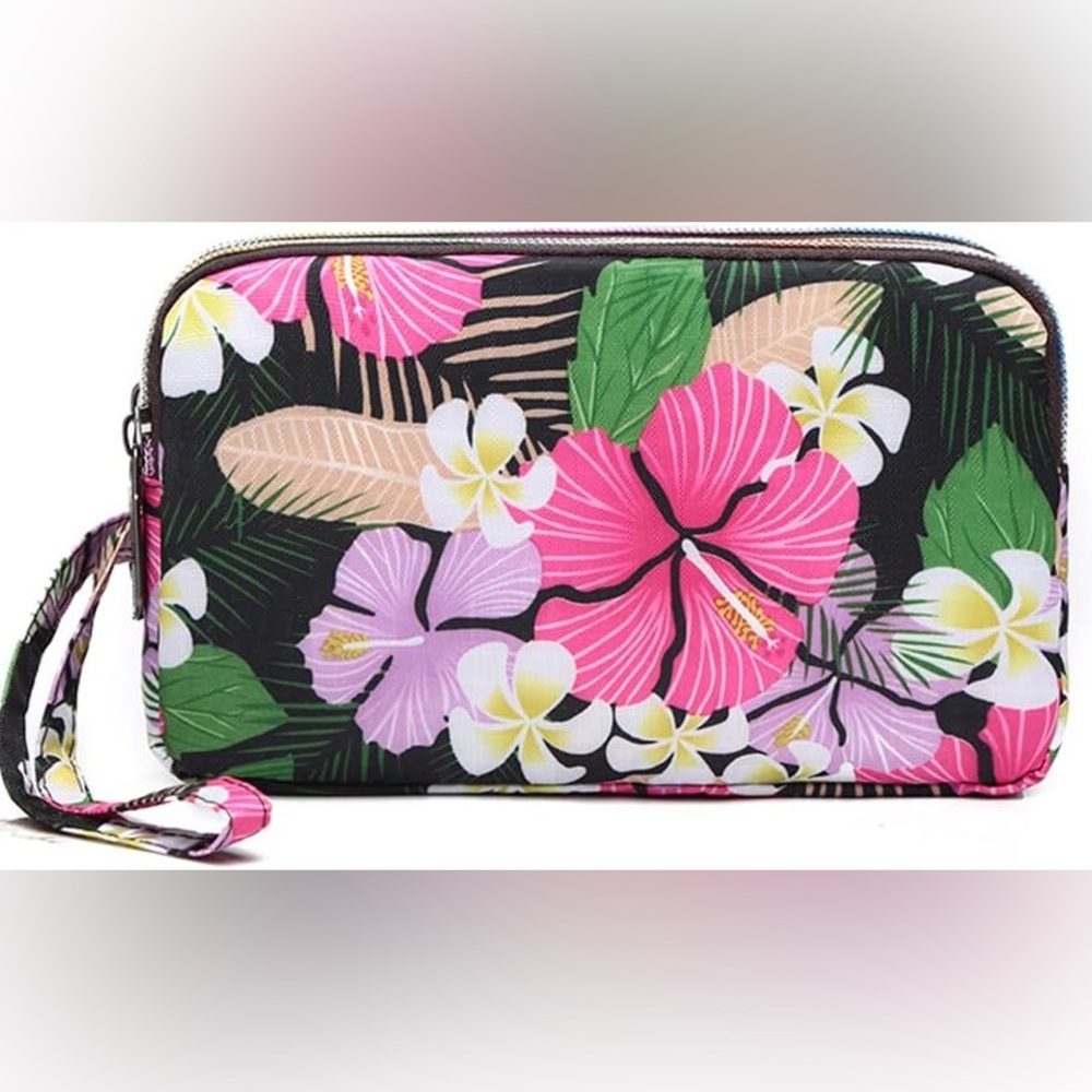 Bluefin clutch or wristlet bag with floral print and the words Aloha from Hawaii